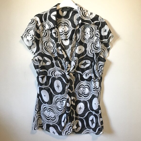 Vintage Monochrome Retro Ogee Cap Sleeve Twist Empress Waist Sheer Chiffon Top - Picture 1 of 16